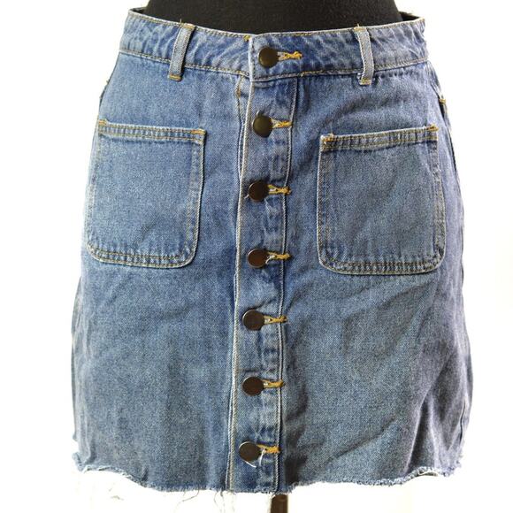 Newbury Kustom Denim Skirt Blue Jean Button Front Mini Rigid Frayed Size Small - Picture 12 of 12